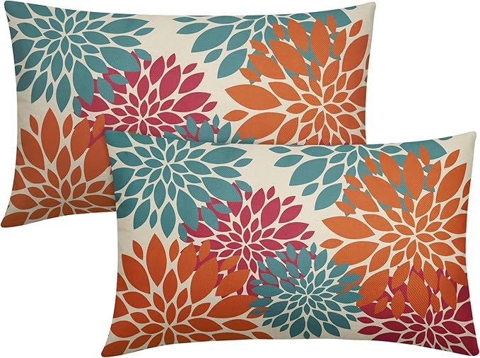 Blue Orange Burgundy Red Pillow Covers 12X20 Inch Set of 2, Spring Modern Geometry Dahlia Floral Decorative Rectangle Throw Pillow Covers Outdoor Farmhouse Cushion Case for Couch Sofa Bed Decor