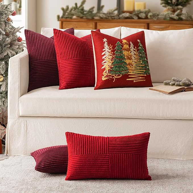 MIULEE Christmas Red Decorative Throw Pillow Covers 18x18 Inch for Couch Bed Sofa Pack of 2 Boho Farmhouse Throw Pillows Soft Cross Corduroy Patchwork Textured Cushion Cases