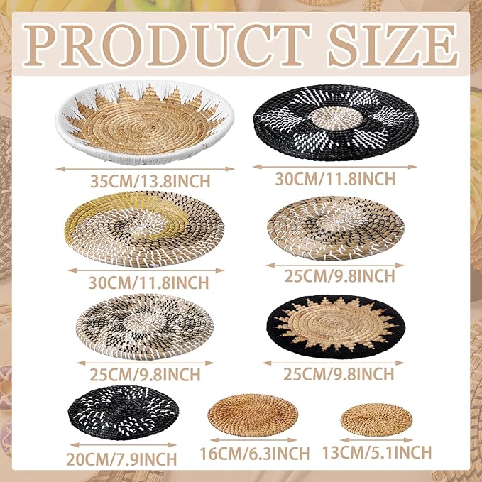 11 Pcs Boho Hanging Wall Basket Decor Handmade Woven Basket Wall Decorative Boho Wicker Baskets Placemats Round Farmhouse Bulrush Art for Rustic Home Decorations Christmas Gift(Stylish)