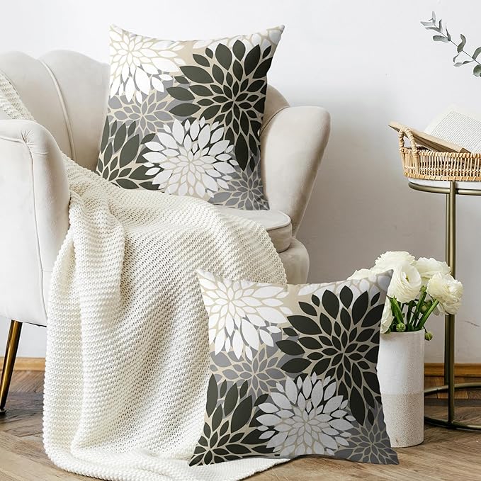 Olive Green White Grey Gray Pillow Covers 20X20 Inch Set of 2, Spring Modern Geometry Dahlia Floral Print Decorative Throw Pillow Covers Outdoor Farmhouse Cushion Case for Couch Sofa Bed Decor