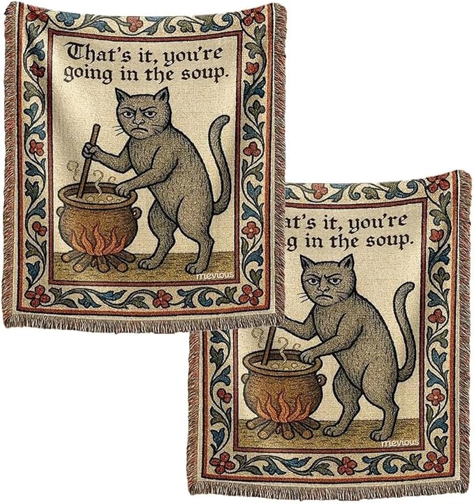 Weird Medieval Cat Woven Tapestry, Vintage Cat Themed Woven Sofa Blanket, Wall Hanging Art Handicrafts, Soft and Cozy Multipurpose Blanket, with Fringe Tassels, Home Decor for Cat Lovers