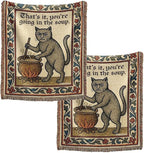 Weird Medieval Cat Woven Tapestry, Vintage Cat Themed Woven Sofa Blanket, Wall Hanging Art Handicrafts, Soft and Cozy Multipurpose Blanket, with Fringe Tassels, Home Decor for Cat Lovers