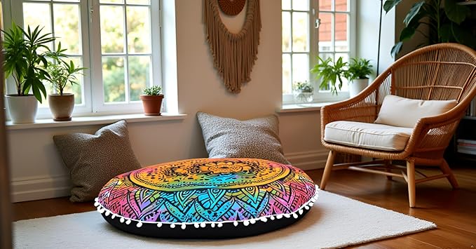 CRAFT KALA Round Mandala Boho Pillow Cover Meditation India Room Seating Poufs Cover for Living Room Yoga Home Décor Bedroom Balcony Garden Decoration Cotton Floor Cushion Cover (32", Multi Flower)
