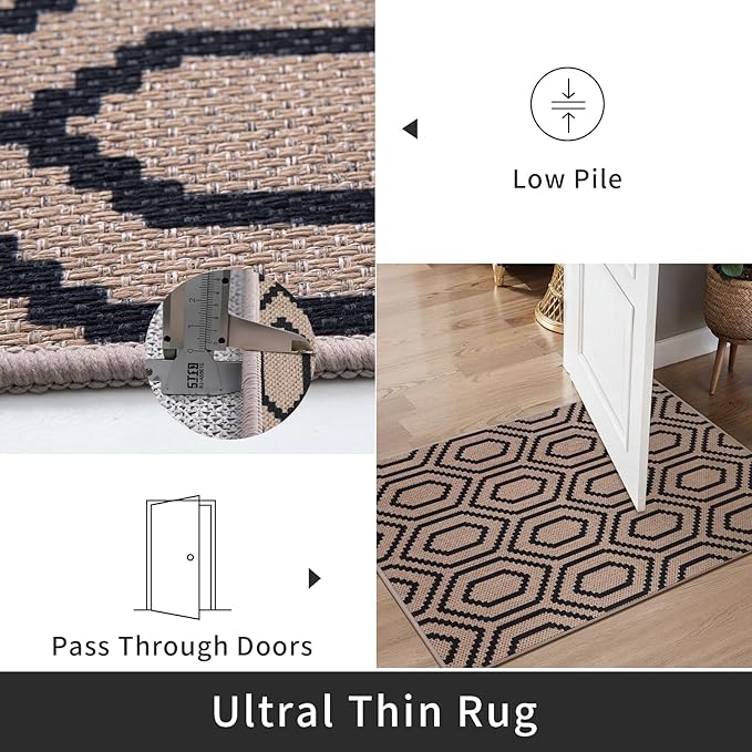 Tangsoo Easy Jute Rug 2x6 Washable Runner Rug for Hallways,Neutral Geometric Thin Non-Slip Indoor Carpet Runner Farmhouse Long Outdoor Rnner Mat for Kitchen Entryway Laundry Bedroom