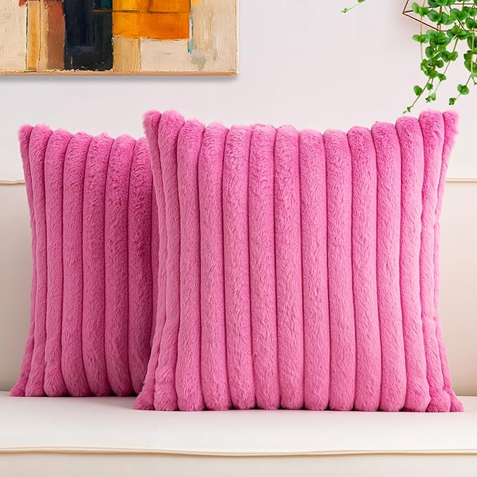 Pack of 2 Faux Fur Christmas Throw Pillow Covers 18x18 Inch, Soft Plush Striped Neutral Couch Pillow Cover, with Velvet Back Modern Home Decor for Sofa Living Room Couch Bed Hot Pink