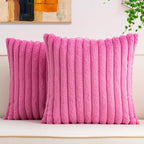Pack of 2 Faux Fur Fall Throw Pillow Covers 24x24 Inch, Soft Plush Striped Neutral Couch Pillow Cover, with Velvet Back Modern Home Decor for Sofa Living Room Couch Bed Hot Pink