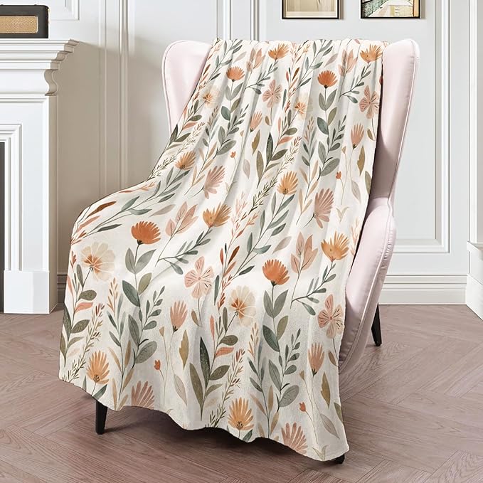 Floral Fall Garden Blanket 40×50 Inch,Soft Beige Botanical Lightweight Flannel Throw with Autumn Wildflower,Boho Rustic Farmhouse Home Decor,Gifts for Girls,Women