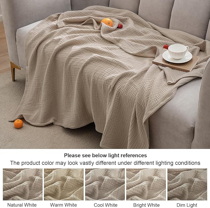 PHF 100% Cotton Muslin Blanket King Size 108"x90", 4-Layer Lightweight Gauze Throw, Breathable Cloud-Soft Minimalist Blanket for Bed, Couch, Camping & Baby, Taupe, Ideal Gift