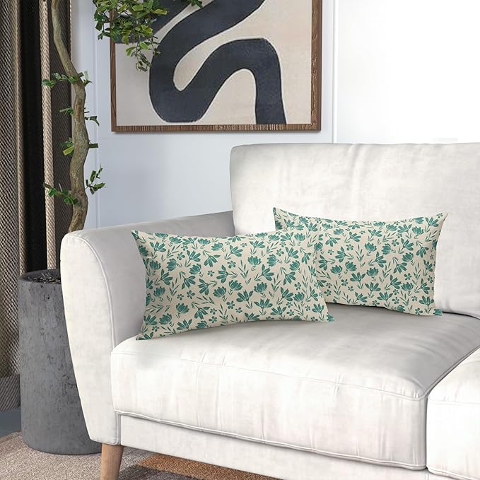 Aqua Floral Pillow Covers 12x20 Set of 2 Vintage Rustic Old Style Cute Small Flower Teal Cream Print Decorative Outdoor Pillowcases Farmhouse Throw Cushion Case Decor for Couch Sofa Bed