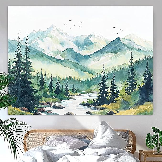 Accnicc Watercolor Forest Mountain Tapestry Green Nature Pine Tree River Wall Tapestry for Bedroom Aesthetic Misty Woods Birds Small Tapestries Wall Hanging for Living Room Dorm Decor 60 x 44 Inch