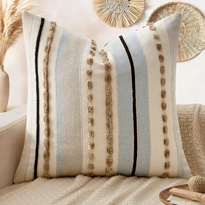 ANRODUO Pack of 1 Boho Decorative Throw Pillow Covers 18x18 Farmhouse Cushion Case Striped Chenille Pillow Cases Square Pillow Covers Accent Neutral Pillowcase for Sofa Couch Bed, Light Blue Stripe