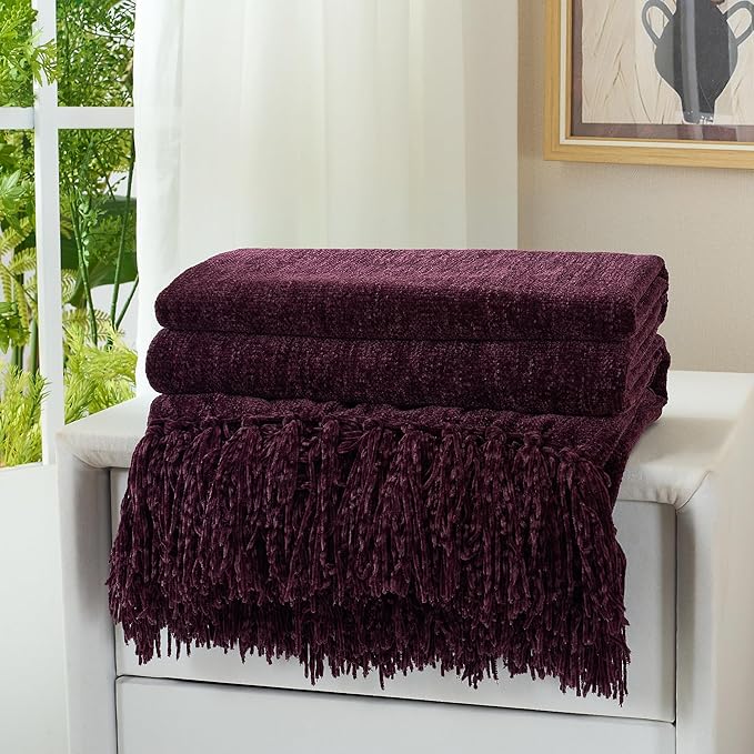 Chenille Throw Blanket for Couch with Tassels,50"X60" Soft Cozy Lightweight Knitted Boho Decorative Blankets for Bed and Sofa,Aubergine