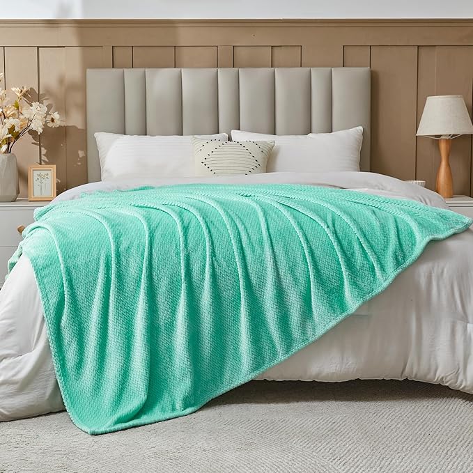 NEWCOSPLAY Super Soft Throw Blanket Aqua Premium Silky Flannel Fleece Leaves Pattern Lightweight Bed Blanket All Season Use (Aqua, Throw(50"x60"))