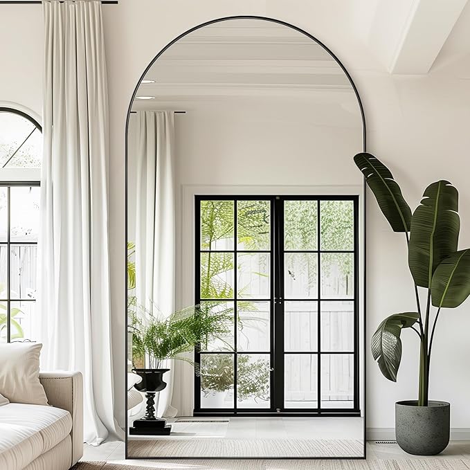 Antok 91" x46” Arched Full Length Floor Mirror, Black Aluminum Frame, Free Standing/Wall Mount/Leaning for Bedroom, Living Room, Dressing Room