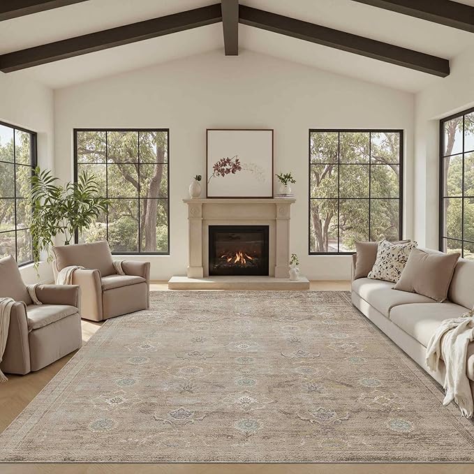 8x10 Area Rugs for Living Room, Large Washable Rug, Beige Vintage Retro Boho Style, Non Slip & Low Pile Faux Wool Carpet for Indoor Dining Room, Bedroom, Dorm, Classroom and Kids Room