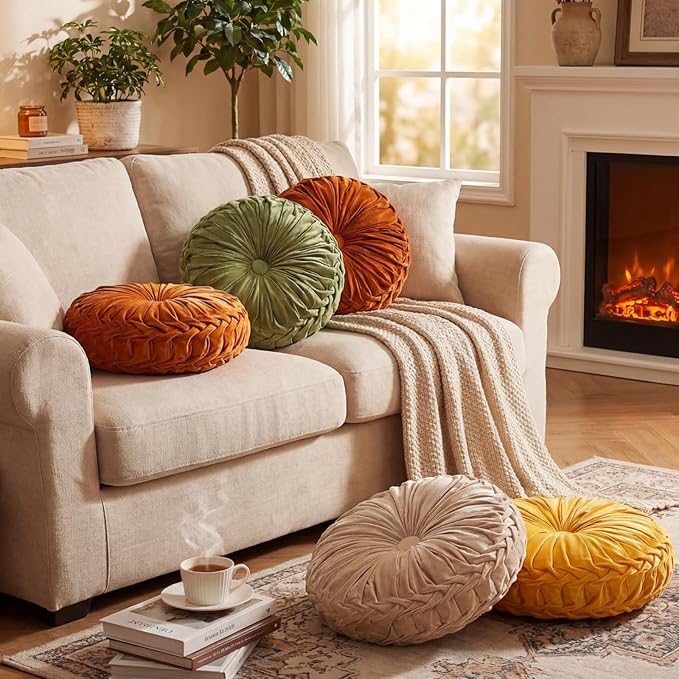 Round Throw Pillows Decorative Pleated Throw Pillows 15'' Diameter Accent Pumpkin Boho Chair Cushion for Couch Sofa Home Decoration(Fall Color,4 Pcs)