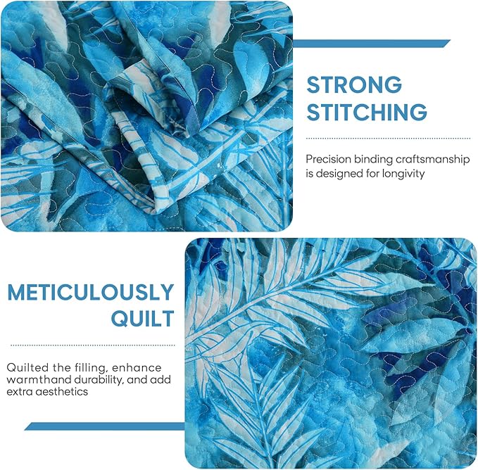 JSD Teal Blue Tropical Leaves Quilt Set Full/Queen, 3 Piece Printed Bedspreads Coverlet with Pillow Sham, Lightweight Quilted Blanket