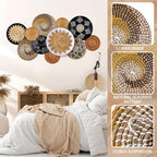 11 Pcs Boho Hanging Wall Basket Decor Handmade Woven Basket Wall Decorative Boho Wicker Baskets Placemats Round Farmhouse Bulrush Art for Rustic Home Decorations Christmas Gift(Stylish)