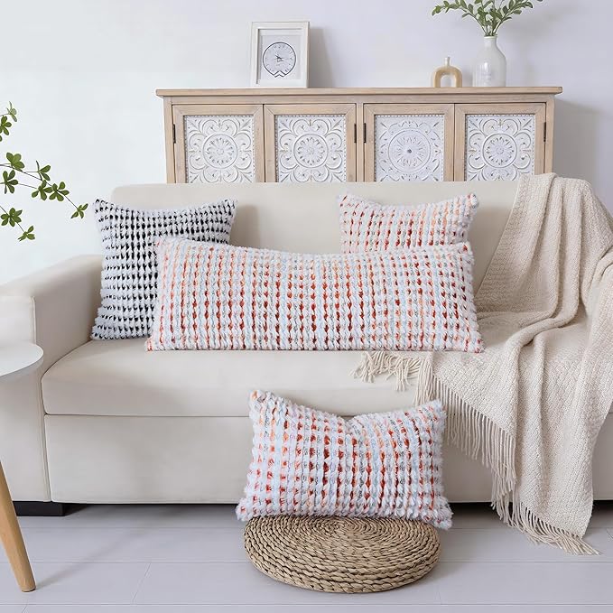 Boho Chenille Tufted Pillow Cover 14x36 Inch Set of 1, Farmhouse Striped Decorative Pillow Covers Accent Fluffy Neutral Long Body Bolster Pillow for Couch Sofa Bedroom Living Room, Orange