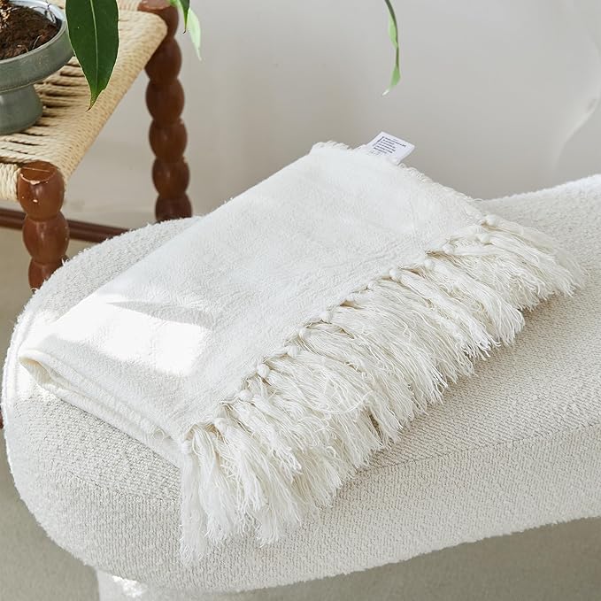 Simple&Opulence Boho Fringed Linen Throw Blanket for Bed, Couch, 50”x70” Pre-Washed Vintage Decorative Woven Blanket with Tassels, Breathable Durable Cozy Farmhouse for All Seasons (Ivory)