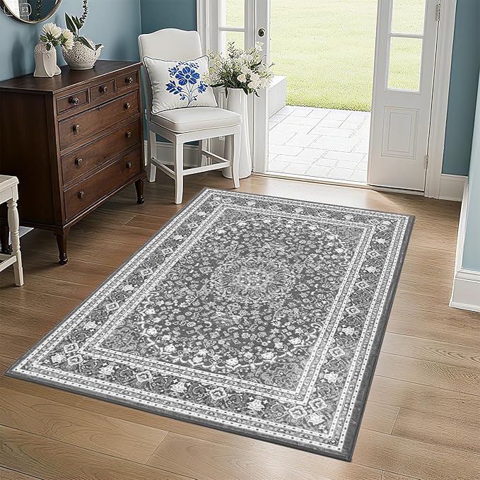 Lessymo 3 x 5 Area Rugs for Living Room- Machine Washable Area Rugs Boho Faux Wool Low Pile Area Rug for Bedroom Floral Medallion Vintage Rugs with Non-Slip Rubber, Kid & Pet Friendly,Grey White