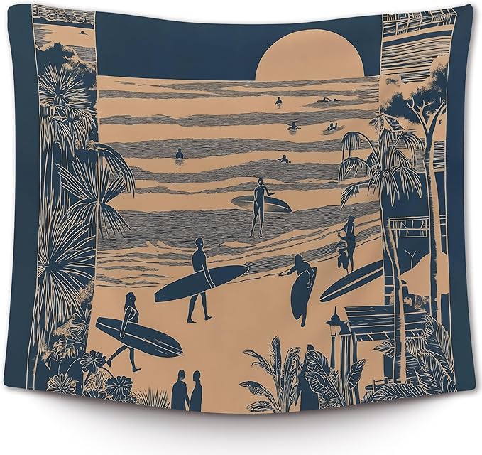 XLDLIOO Beach Coastal Trendy Wall Tapestry, Retro Surfing Summer Ocean Wall Tapestry Hanging for Bedroom Beach House, Beachy Ocean Tapestries Wall Decor Art for Dorm Living Beachy Room 50x60in