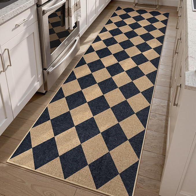 Lanffia Checkered Easy Jute Kitchen Runner Rug, 2x8 Indoor Outdoor Runner Rugs for Hallway Entry, Black Non Slip Washable Area Rug, Checkerboard Nature Kitchen Runners for Laundry Entryway