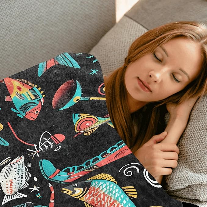 Gone Fishing Throw Blanket - 40x50in,Ultra Soft, Cozy Lightweight Flannel,Colorful Fishing Gear & Catch Blankets - Gifts for Men & Anglers Lovers,for Couch Home Living Room Decor