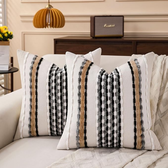 Boho Striped Throw Pillow Covers 18x18 Inch Set of 2 Farmhouse Square Decorative Pillow Covers Chenille Tufted Accent Neutral Pillowcase Black Grey Cushion Cover for Living Room Couch Sofa Bed