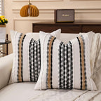 Boho Striped Throw Pillow Covers 18x18 Inch Set of 2 Farmhouse Square Decorative Pillow Covers Chenille Tufted Accent Neutral Pillowcase Black Grey Cushion Cover for Living Room Couch Sofa Bed
