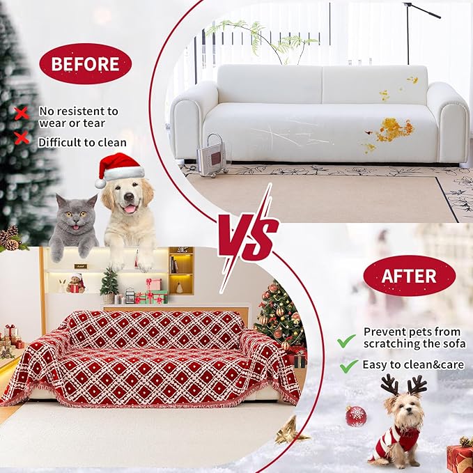 Reversible Couch Cover Blanket, Christmas Couch Cover, Chenille Sofa Covers Blanket, Christmas Sofa Covers Washable, 71"×71" Couch Covers for Recliner & Chair (1PC, Red, Single Seater)