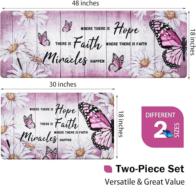 Likiyol Butterfly Kitchen Rugs Sets of 2 Kitchen Mats for Floor Farmhouse Anti Fatigue Mats for Kitchen Floor, Daisy Floral Kitchen Rugs Non Slip Washable Comfort Mat, 18'' x 30''+18'' x 48'', Pink