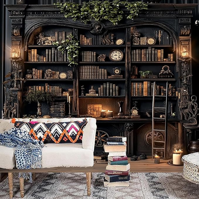 TUGCAY Vintage Bookshelf Tapestry, Medieval Gothic Bookcase Tapestry Spooky Library Tapestries Book Skull Backdrop for Bedroom Living Room Dorm Office Wall Decor 80’’ x 60’’