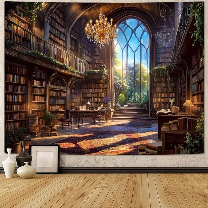 Accnicc Vintage Library Tapestry Medieval Bookshelf Tapestries Wall Hanging Fantasy Academia Hall Book Backdrop Extra Large Tapestry for Bedroom Living Room Dorm Classroom 90 x 68 inch