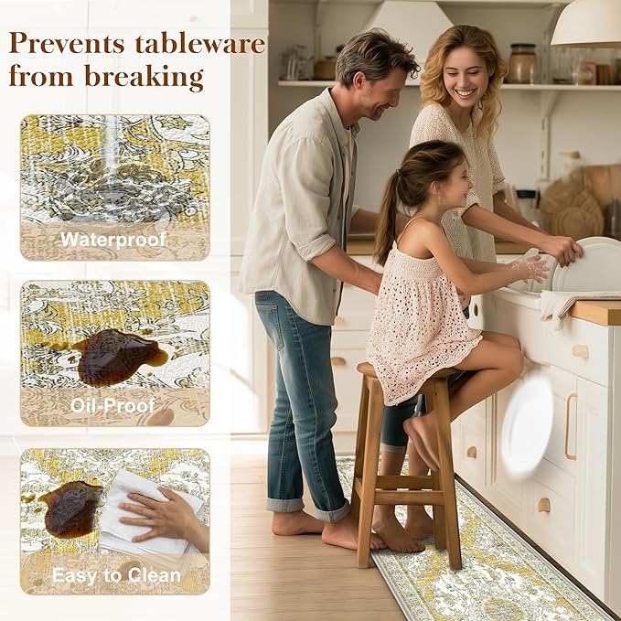Boho Kitchen Mats for Floor 2 Piece Set Anti Fatigue Cushioned PVC Kitchen Rugs Non Slip Waterproof Farmhouse Mats 2/5 Inch Comfort Standing Mat for Office, Laundry, 17.3"x59"+17.3"x28", Yellow