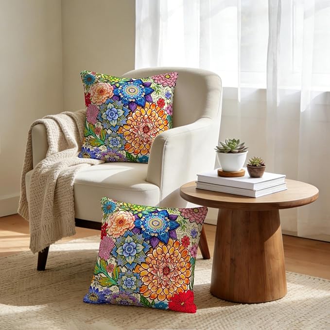 Colorful Boho Mandala Floral Throw Pillow Covers 18x18 Set of 2, Spring Easter Bohemian Decorative Pillowcases, Multicolor Flower Cushion Covers for Couch Sofa Bedroom Living Room Farmhouse Home Decor