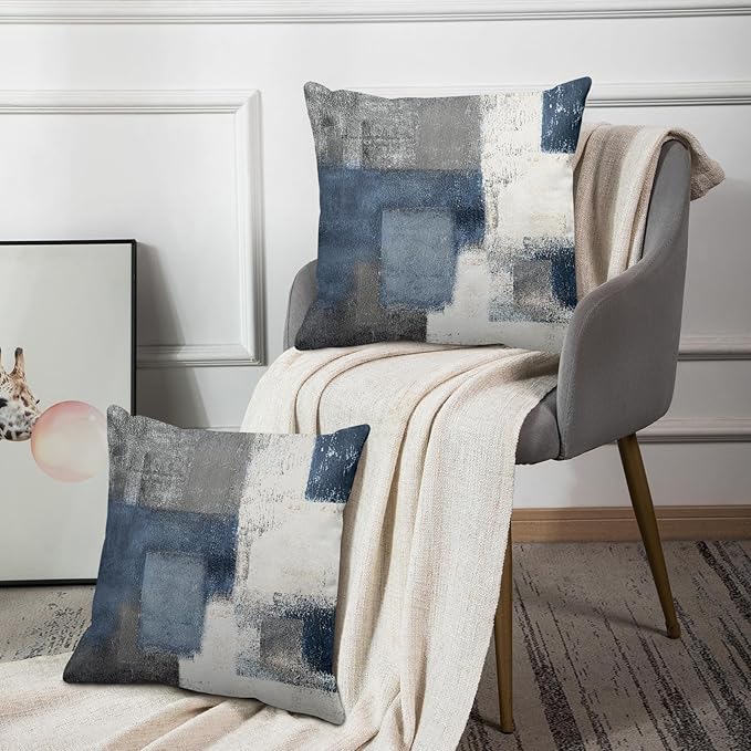 Britimes Throw Pillow Covers Modern Home Art Decor, 20 x 20 Inches Set of 2 Pillow Cases Decorative, Abstract Oil Painting Pillowcases for Bedroom, Living Room, Cushion Couch Sofa, Navy Blue White