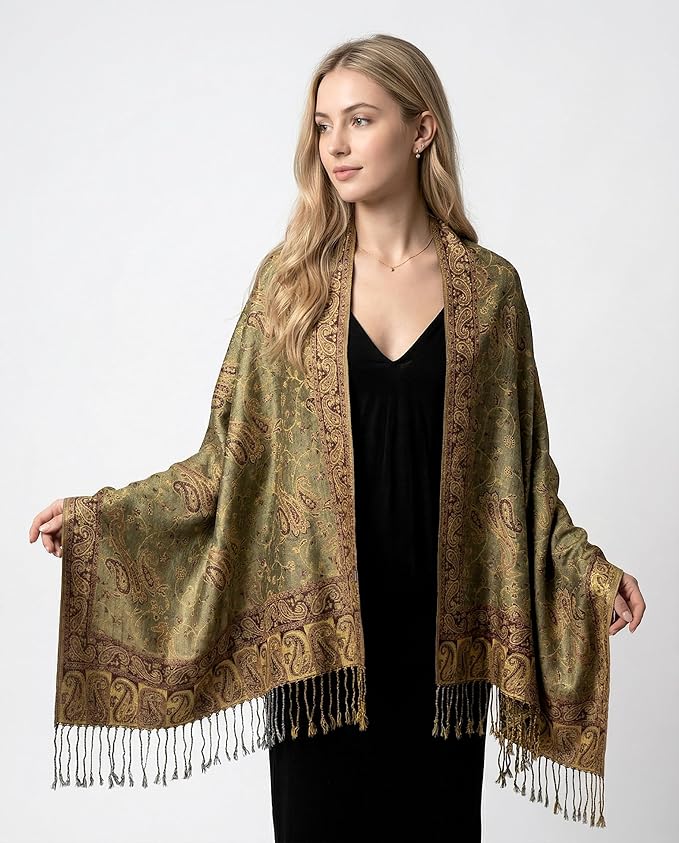 Achillea Reversible Paisley Pashmina Rave Scarf – Exotic Indian Shawls and Wraps for Evening Dresses, Festivals, All Seasons