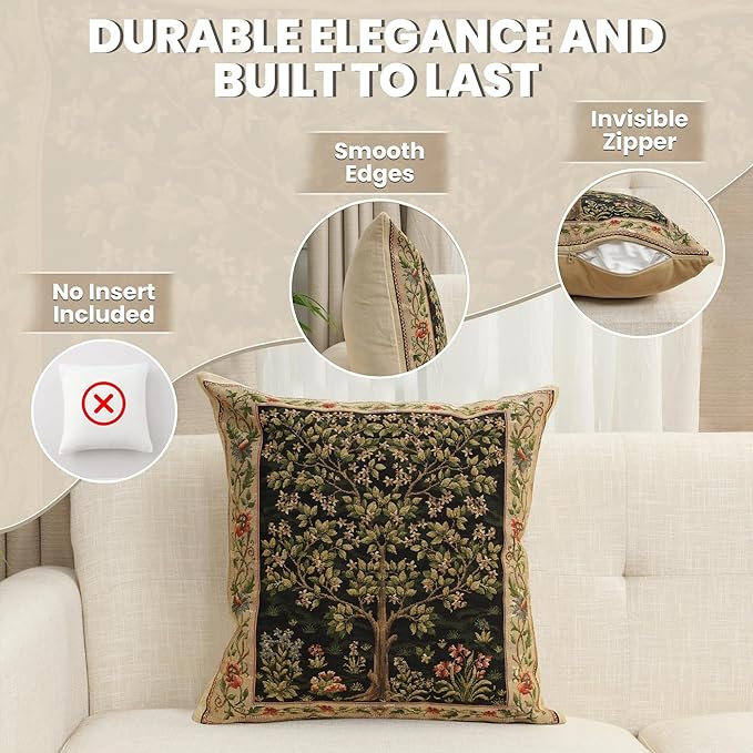 Charlotte Home Furnishings Throw Pillow Covers Decorative Boho Pillow Covers for Couch Living Room Black Tree Square Cushion Cases 18x18 in European Cotton Jacquard Woven for Cozy Bedroom Decor
