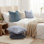 decorUhome Cozy Faux Fur Throw Pillow Covers 24x24 Set of 2 Decorative Soft Plush Striped Modern Farmhouse Boho Couch Euro Sham Pillow Cases with Velvet Back for Sofa Bed Living Room, Grey White