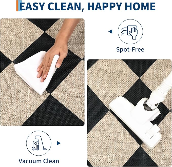 GarveeHome 9x12 Checkered Easy Jute Rugs for Bedroom Machine Washable Large Rugs Non-Slip Backing Modern Neutral Stain Resistance Carpets for Farmhouse Patio Dining Room Backyard Black