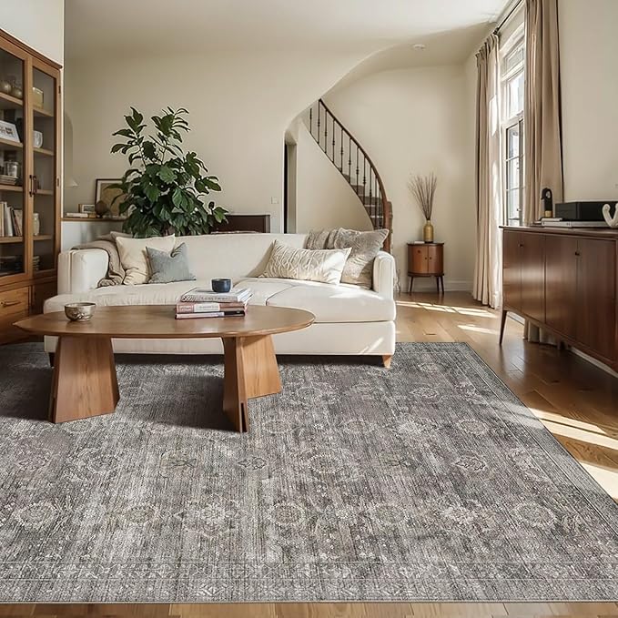 6x9 Area Rugs for Living Room Bedroom, Large Washable Rug, Grey Vintage Retro Boho Rug, Non Slip & Low Pile Faux Wool Thin Carpet for Indoor Dining Room and Kids Room(Taupe/Grey 6x9ft)