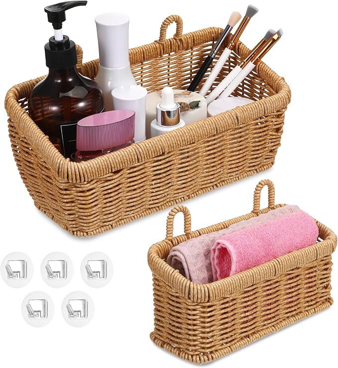 Set of 2 Wall Hanging Baskets, Boho Style Hand-Woven Hanging Storage Basket, Plastic Woven Baskets with Hangers for Kitchen Home Decor Bathroom Living Room (Light Brown, Imitation Rattan Plastic)