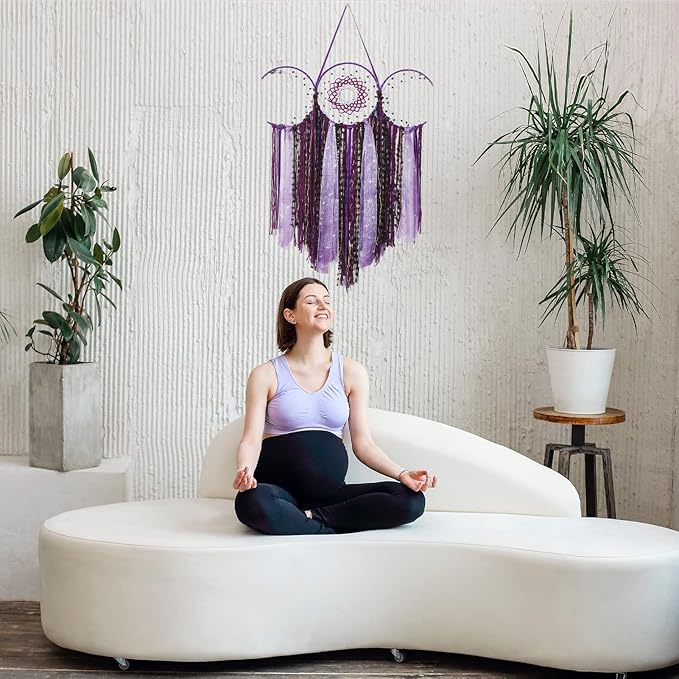 ANROYE Purple Triple Moon Goddess Macrame Wall Hanging, Boho Wiccan Crescent Dream Catcher, Bohemian Dreamcatcher for Women,Woven Pagan Tapestry Decor for Bedroom Witch Decoration