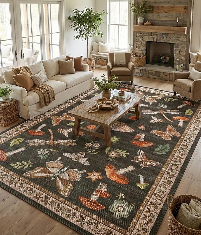 Mushroom Washable Rug 9x12 Area Rugs for Living Room, Insect Print Rug for Bedroom, Non Slip Throw Rugs with Rubber Back, Soft Low Pile Dining Room Under Table, Brown