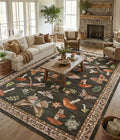 Mushroom Washable Rug 9x12 Area Rugs for Living Room, Insect Print Rug for Bedroom, Non Slip Throw Rugs with Rubber Back, Soft Low Pile Dining Room Under Table, Brown