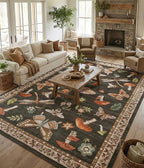 Mushroom Washable Rug 9x12 Area Rugs for Living Room, Insect Print Rug for Bedroom, Non Slip Throw Rugs with Rubber Back, Soft Low Pile Dining Room Under Table, Brown
