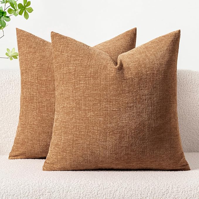 MIULEE Pack of 2 Brown Throw Pillow Covers 16x16 Inch Soft Chenille Pillow Covers for Sofa Living Room Couch Solid Dyed Cases