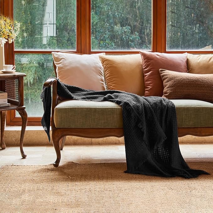 lifein Fall Black Throw Blanket for Couch-Soft Boho Bed Throw Blankets,Cozy Knitted Waffle Throw,Small Farmhouse Lightweight Blanket&Throw for Autumn,Woman,Man,Chair,Sofa,Home Decor(Black,50 * 60")