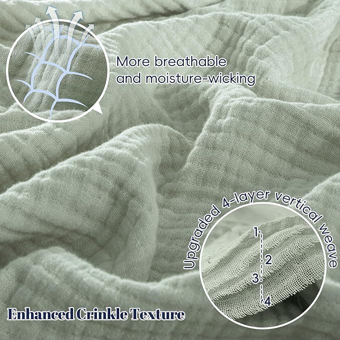 PHF 100% Cotton Muslin Throw XL Blanket Large 50" x 70", 4-Layer Lightweight Gauze Throw, Breathable Cloud-Soft Minimalist Blanket for Bed, Couch, Camping & Baby, Sage Green, Ideal Gift